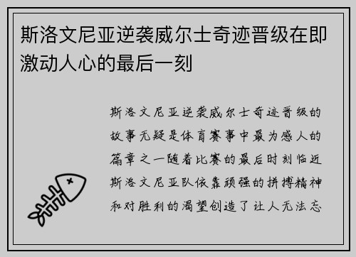 斯洛文尼亚逆袭威尔士奇迹晋级在即激动人心的最后一刻