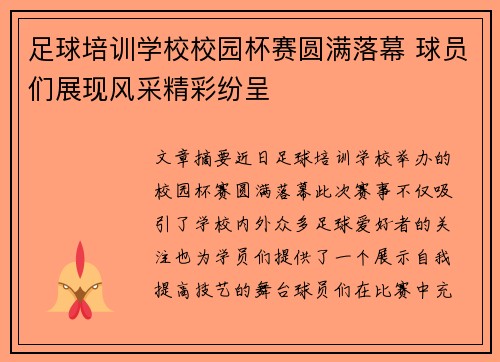 足球培训学校校园杯赛圆满落幕 球员们展现风采精彩纷呈