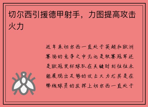 切尔西引援德甲射手，力图提高攻击火力