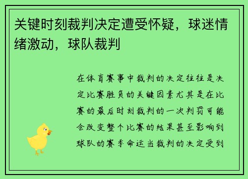 关键时刻裁判决定遭受怀疑，球迷情绪激动，球队裁判