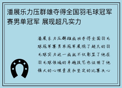 潘展乐力压群雄夺得全国羽毛球冠军赛男单冠军 展现超凡实力