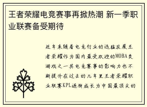 王者荣耀电竞赛事再掀热潮 新一季职业联赛备受期待