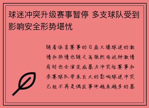 球迷冲突升级赛事暂停 多支球队受到影响安全形势堪忧