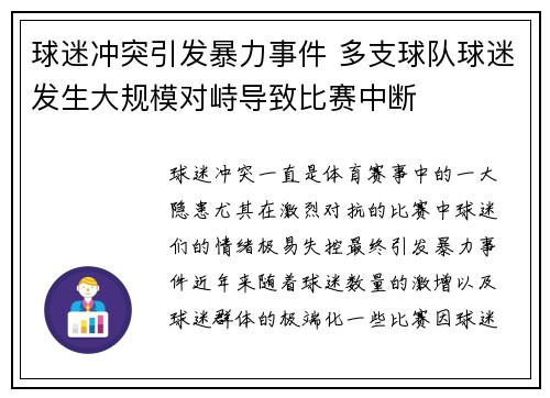 球迷冲突引发暴力事件 多支球队球迷发生大规模对峙导致比赛中断