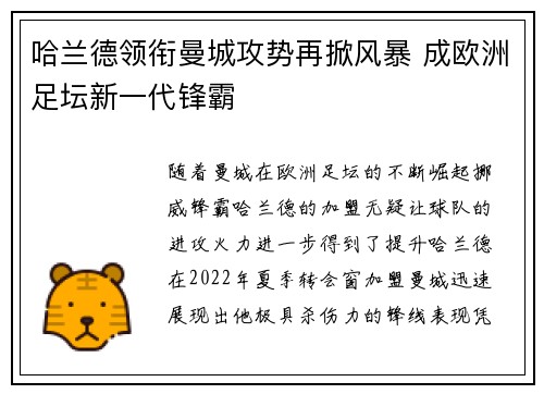 哈兰德领衔曼城攻势再掀风暴 成欧洲足坛新一代锋霸